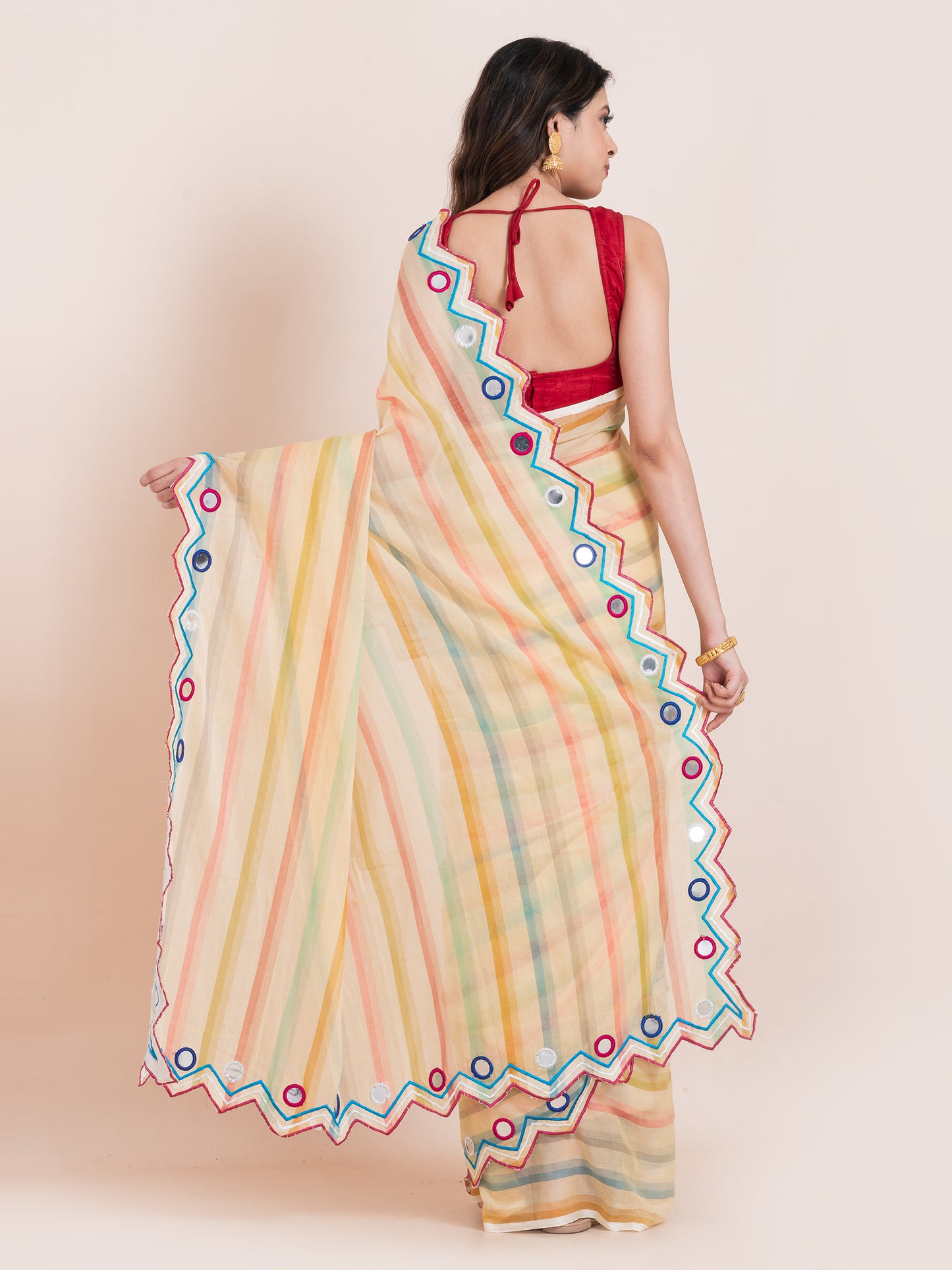Lightweight lime yellow mulmul cotton saree with mirror embroidery and multicolored stripes. Perfect for summer wear, festive looks, and effortless elegance.