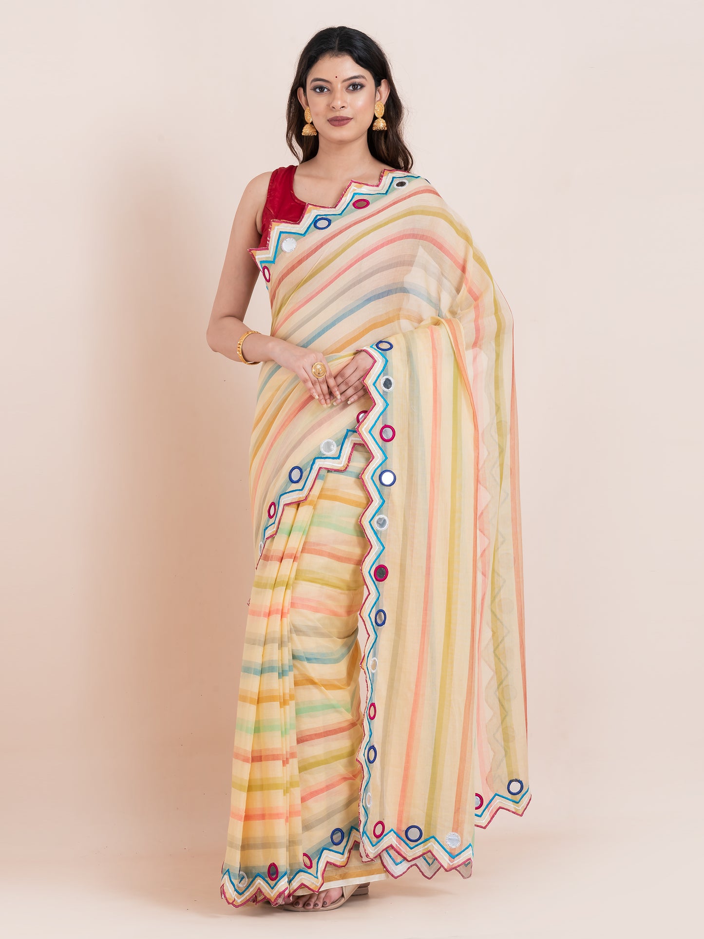 Lightweight lime yellow mulmul cotton saree with mirror embroidery and multicolored stripes. Perfect for summer wear, festive looks, and effortless elegance.