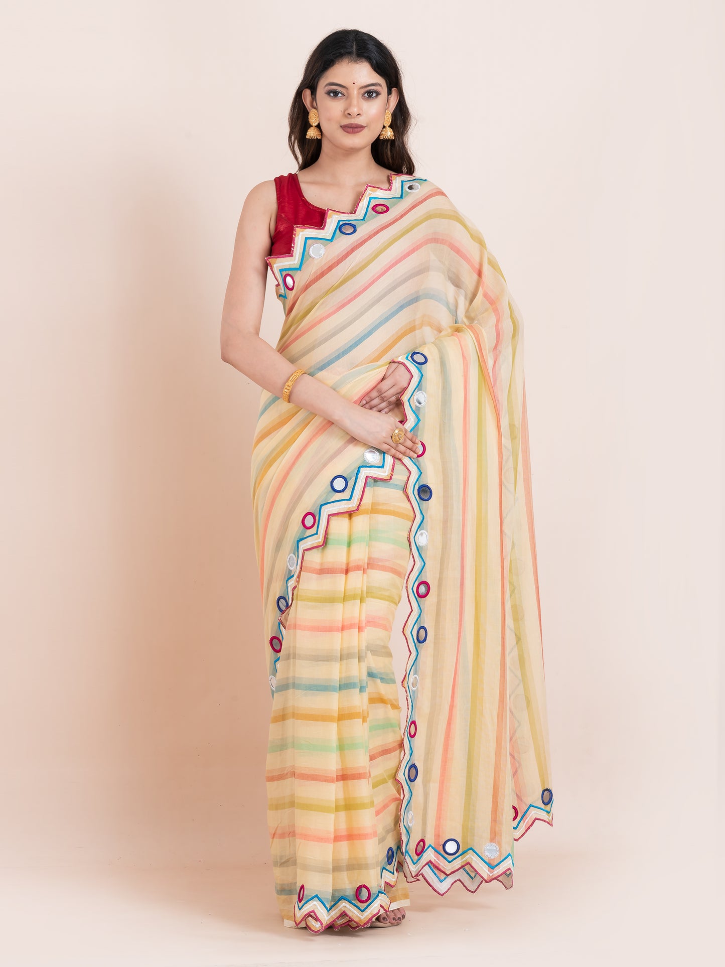 Lightweight lime yellow mulmul cotton saree with mirror embroidery and multicolored stripes. Perfect for summer wear, festive looks, and effortless elegance.