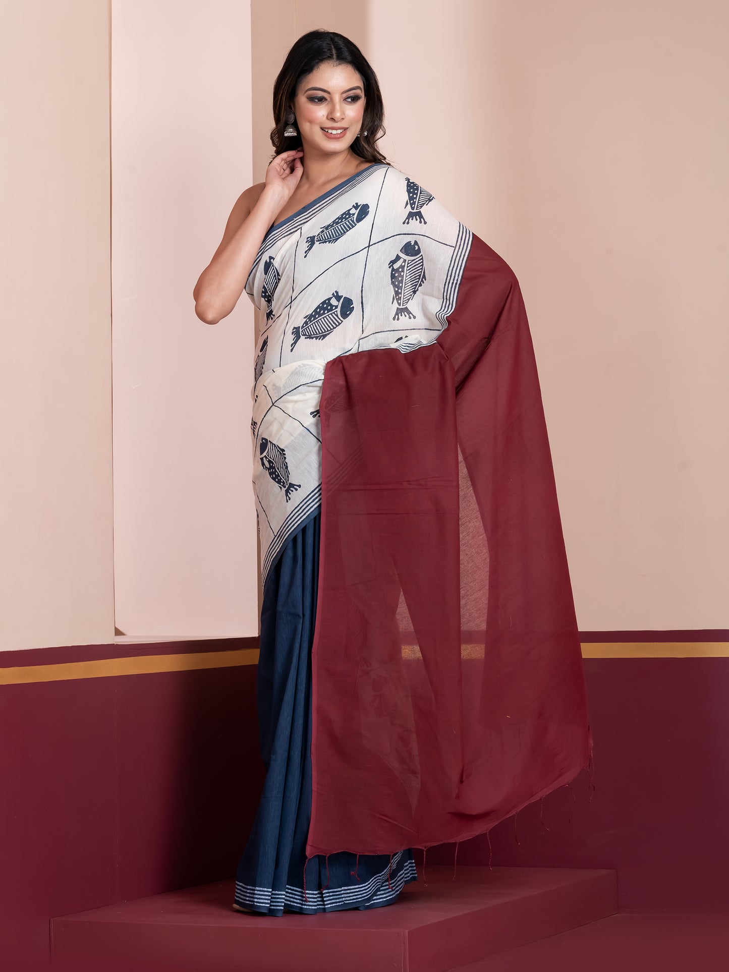 Handblock print saree, white saree,khadi saree