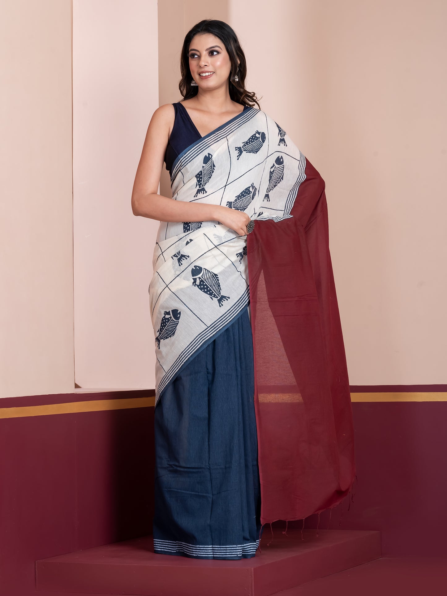 Handblock print saree, white saree,khadi saree