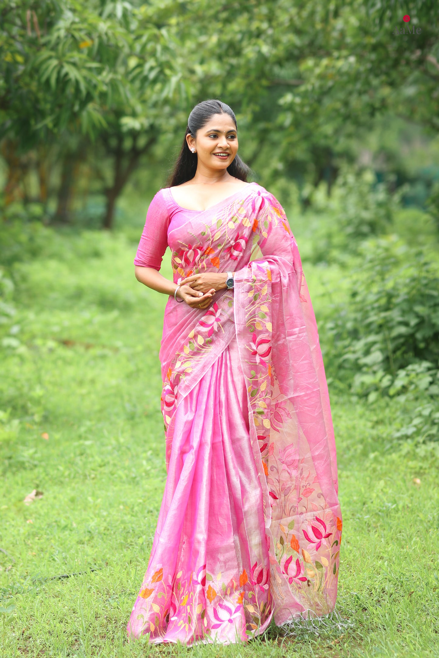 Silver Pink viral tissue saree with floral embroidery orange and pink
