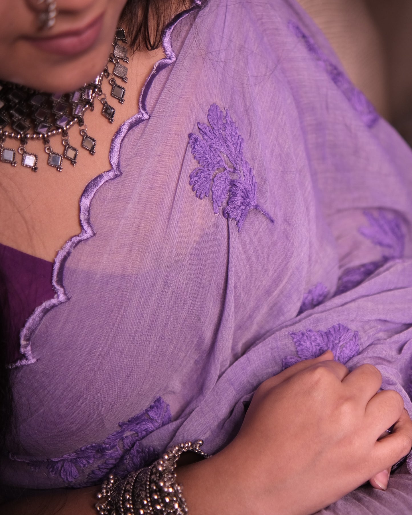 Soft and Comfortable mulmul cotton saree with Chikankari machine work and cutwork border in self tones of violet