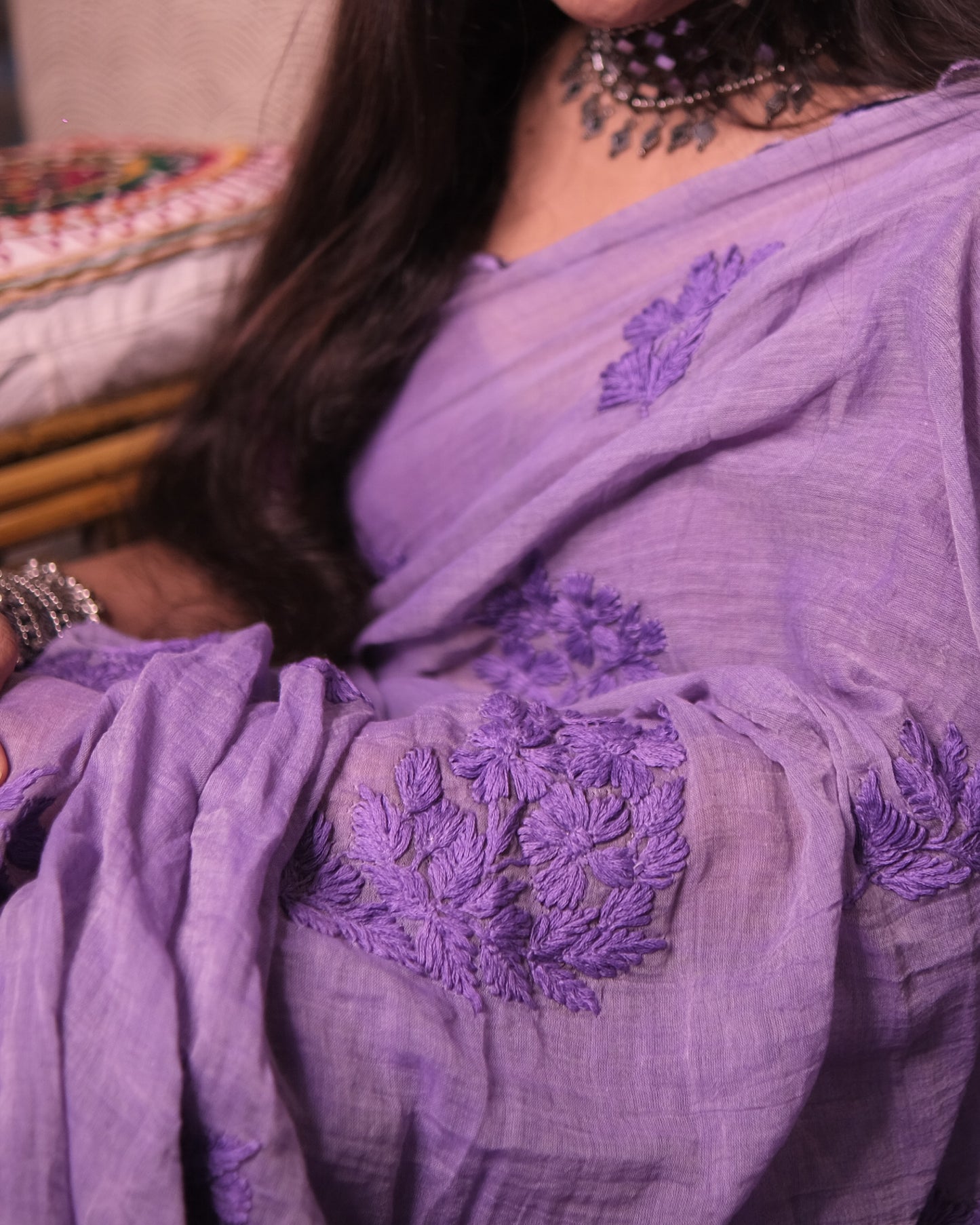 Soft and Comfortable mulmul cotton saree with Chikankari machine work and cutwork border in self tones of violet