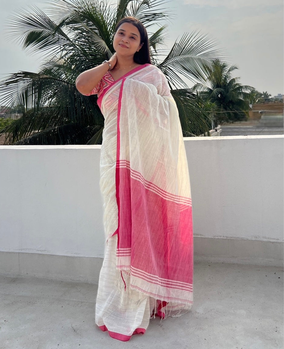 Soft and comfortable white and pink cotton saree for summer - Golaap Paare