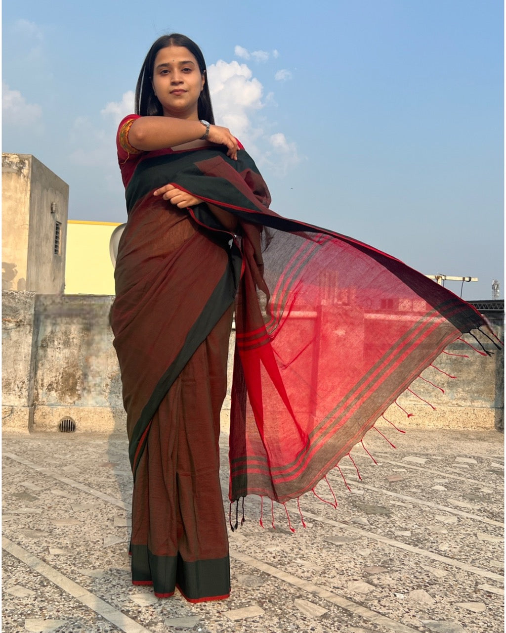 Rama Green and red soft comfortable khadi cotton saree