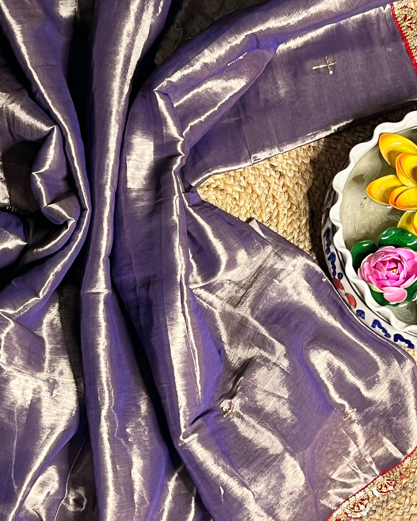 Mulmul Tissue Festive/Party Wear saree for the wedding season in lavender / purple / violet colour with red Sari border and Zardozi/Jarsousi work on entire saree, metallic finish