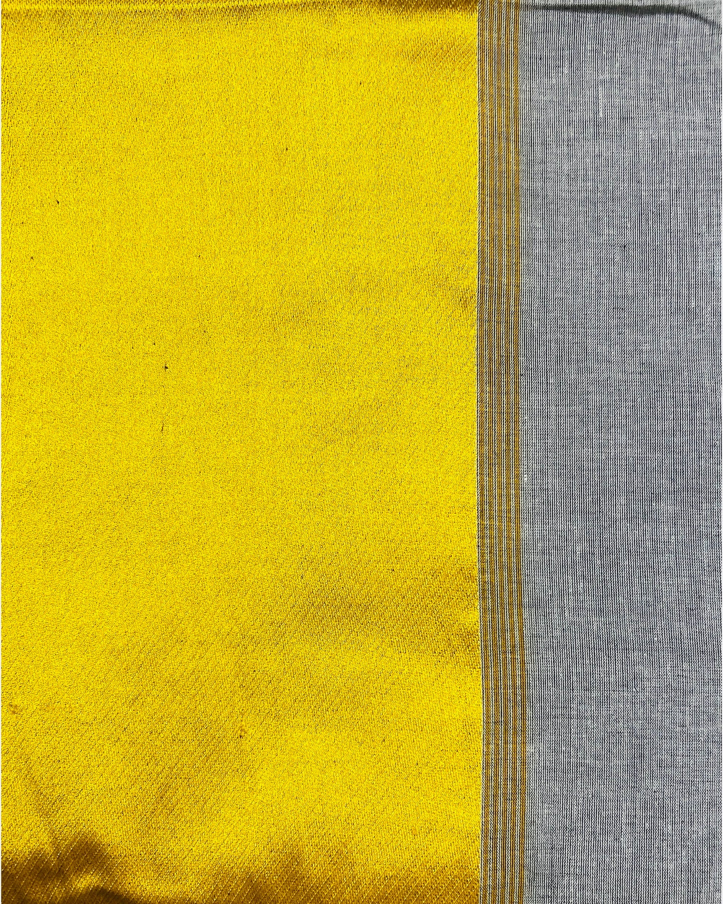 Grey handloom cotton saree with golden satin border
