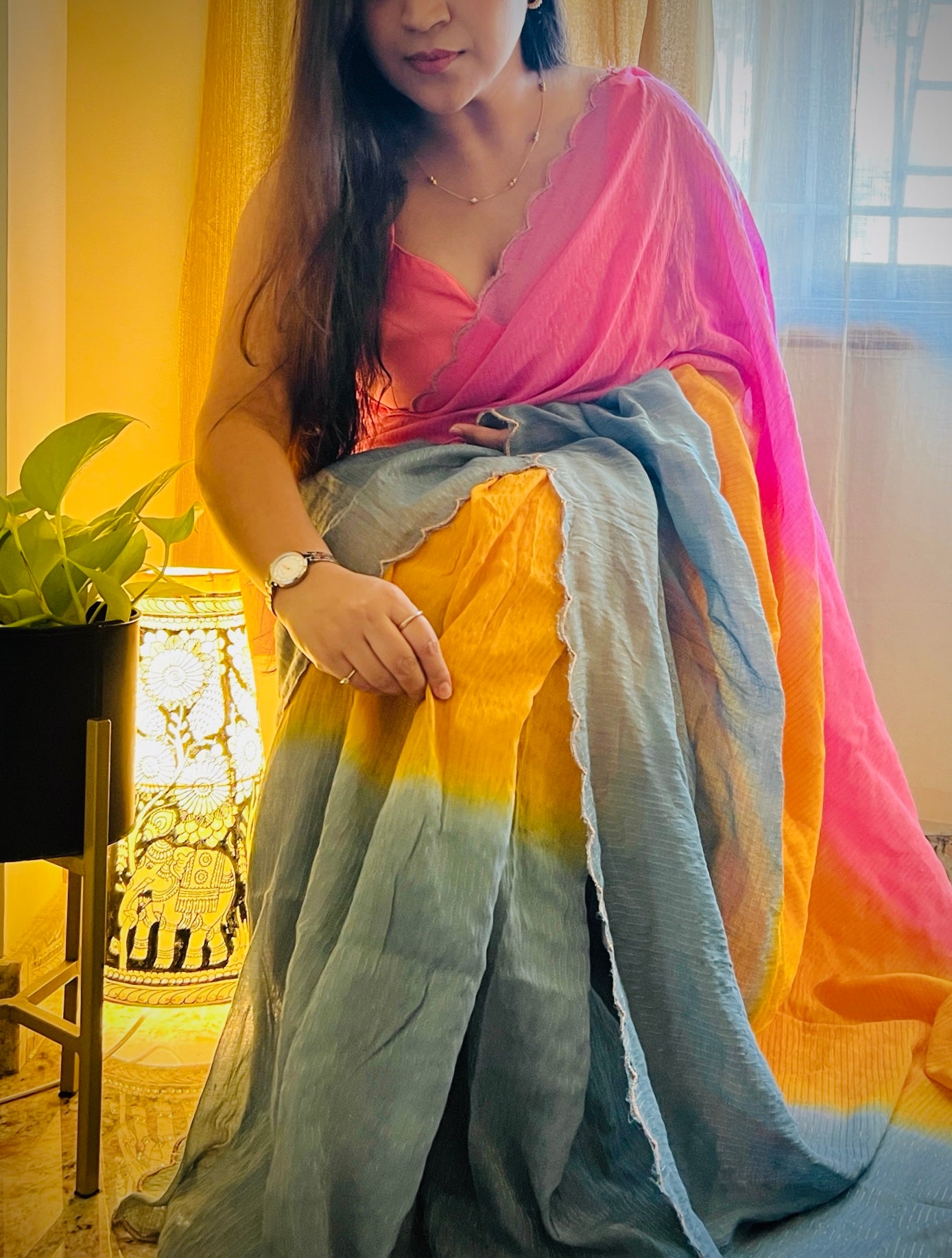 Multicoloured Mulmul Cotton Designer festive or party Saree with Zari stripes on pink yellow teal