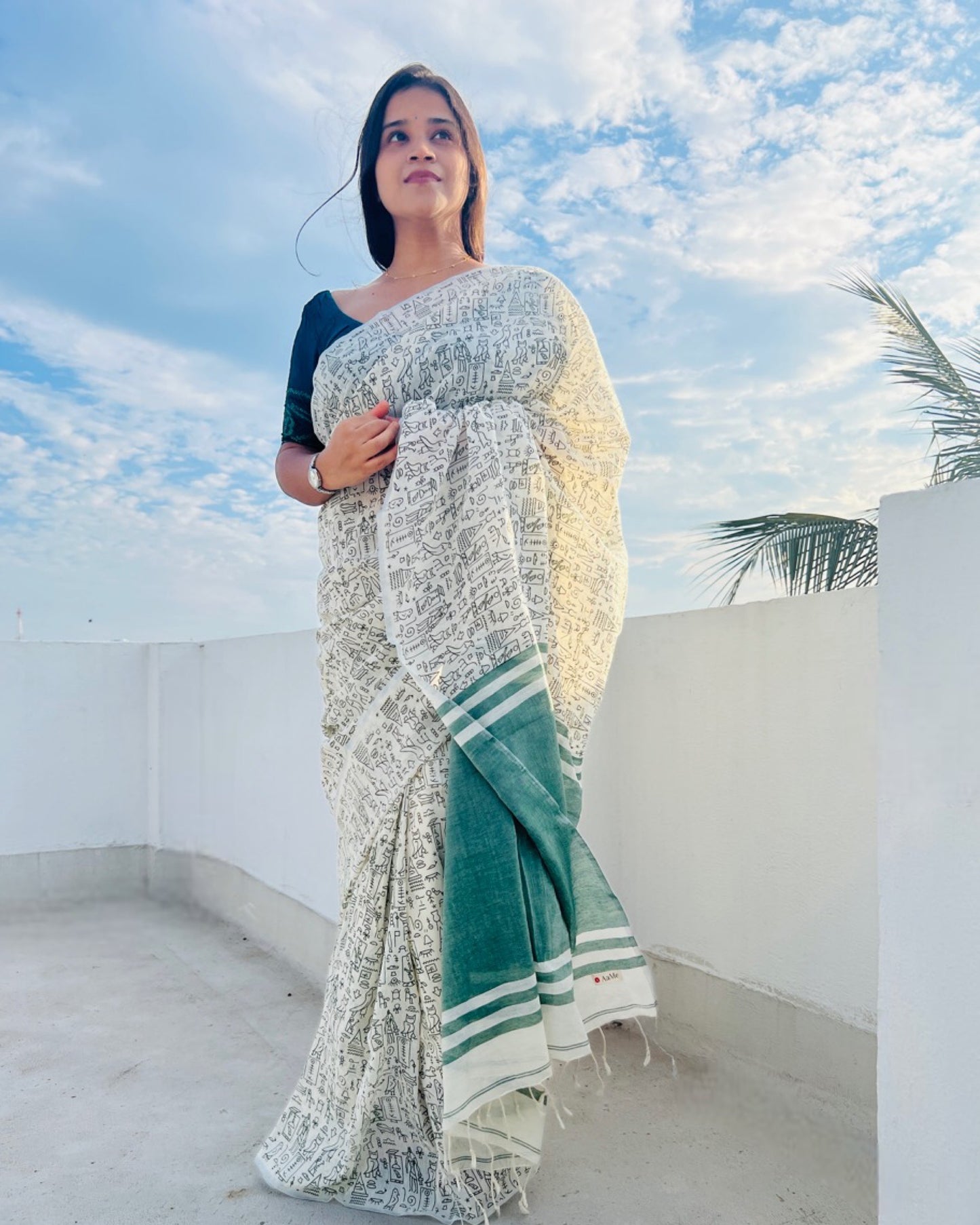 Off white soft and comfortable khadi cotton saree printed in green itsy bitsy patterns