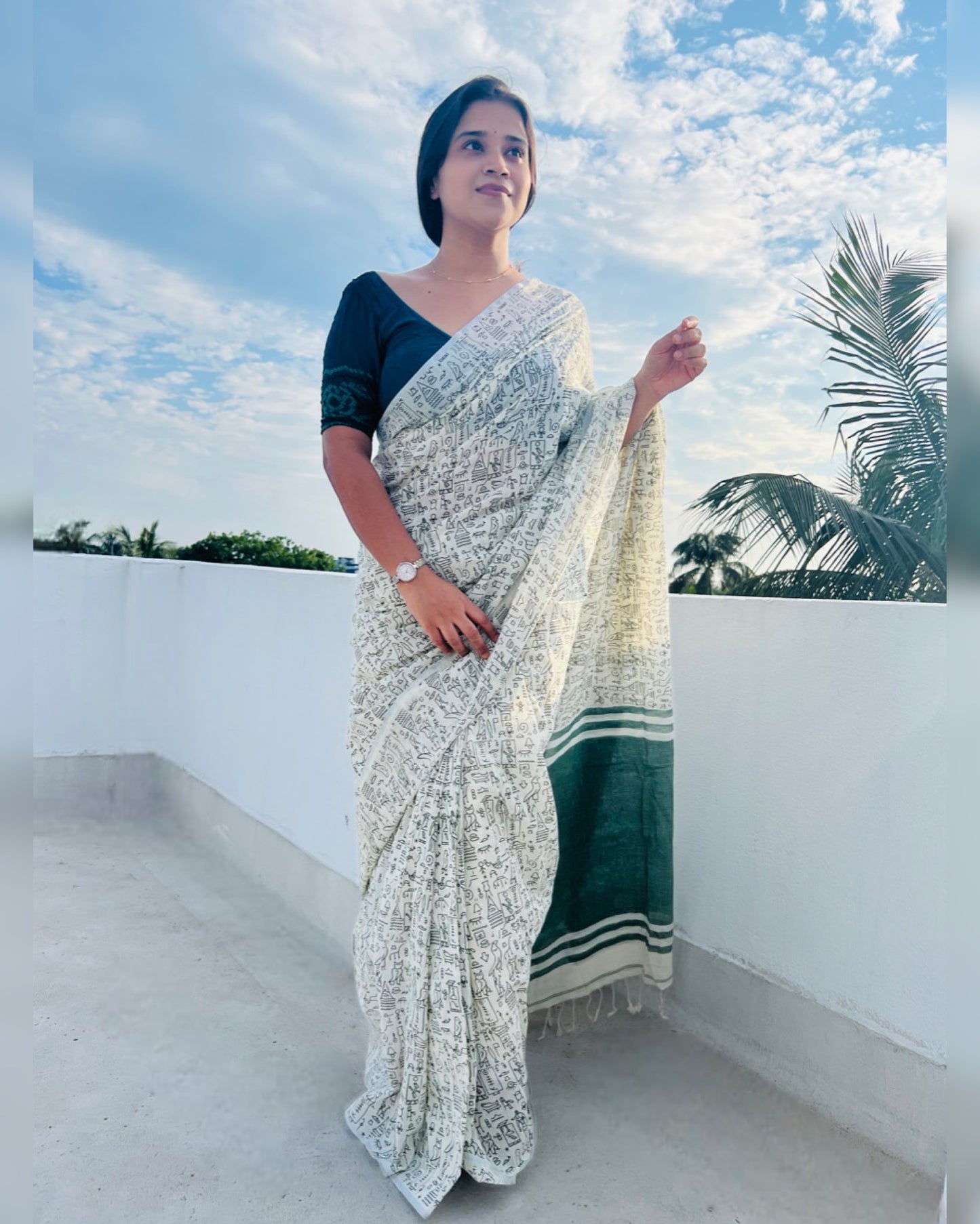 Off white soft and comfortable khadi cotton saree printed in green itsy bitsy patterns