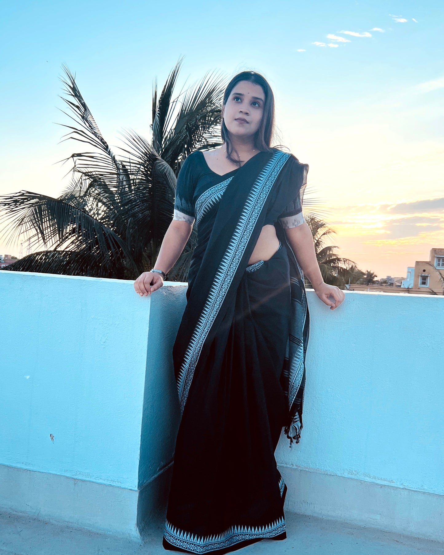 Black and white cotton handloom saree with begumpuri and Dhaniakhali patterns