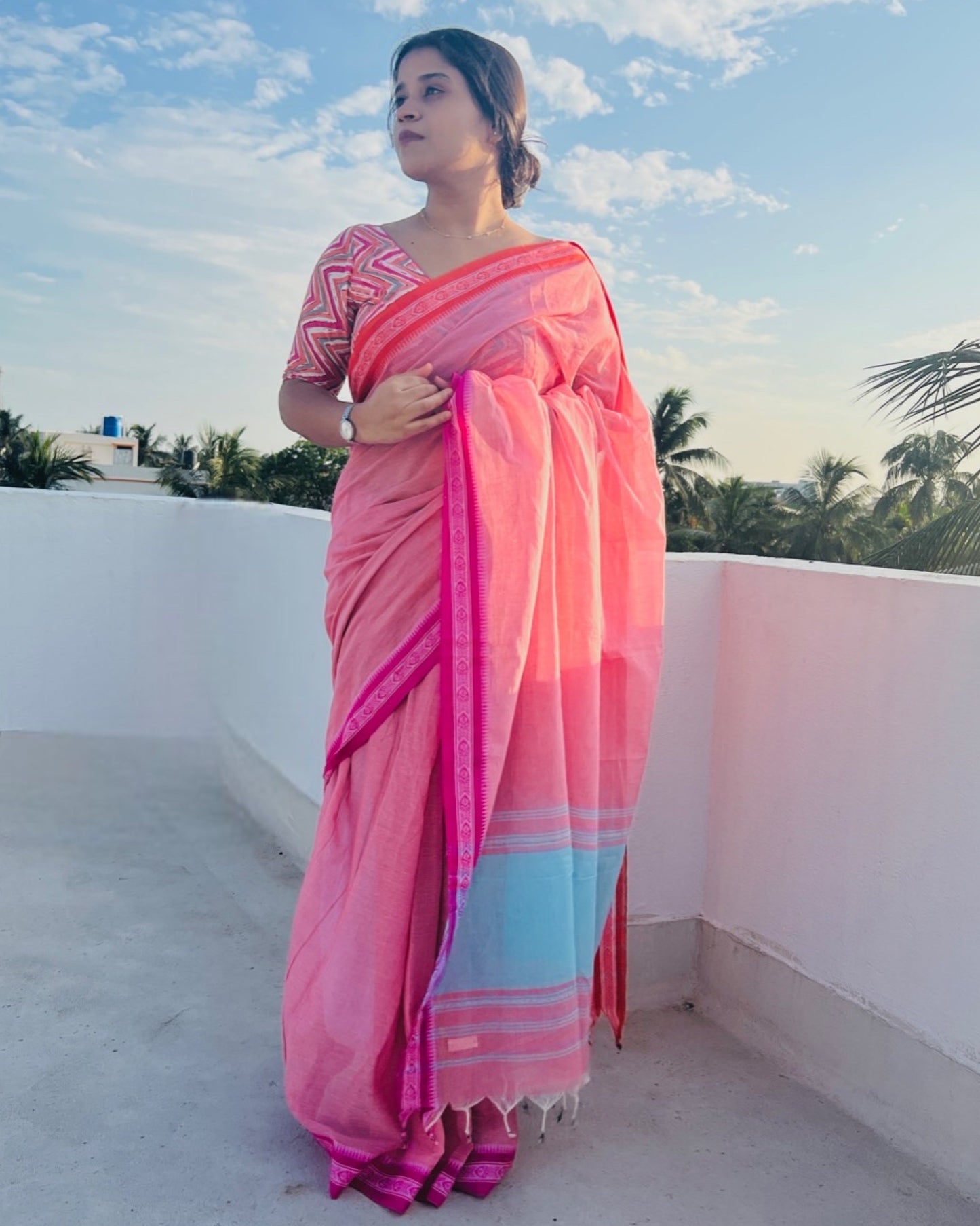 Soft and Comfortable Pink Cotton Saree with Orange and Pink Ganga Jamuna Begumpuri border and Dhaniakhali Aanchal