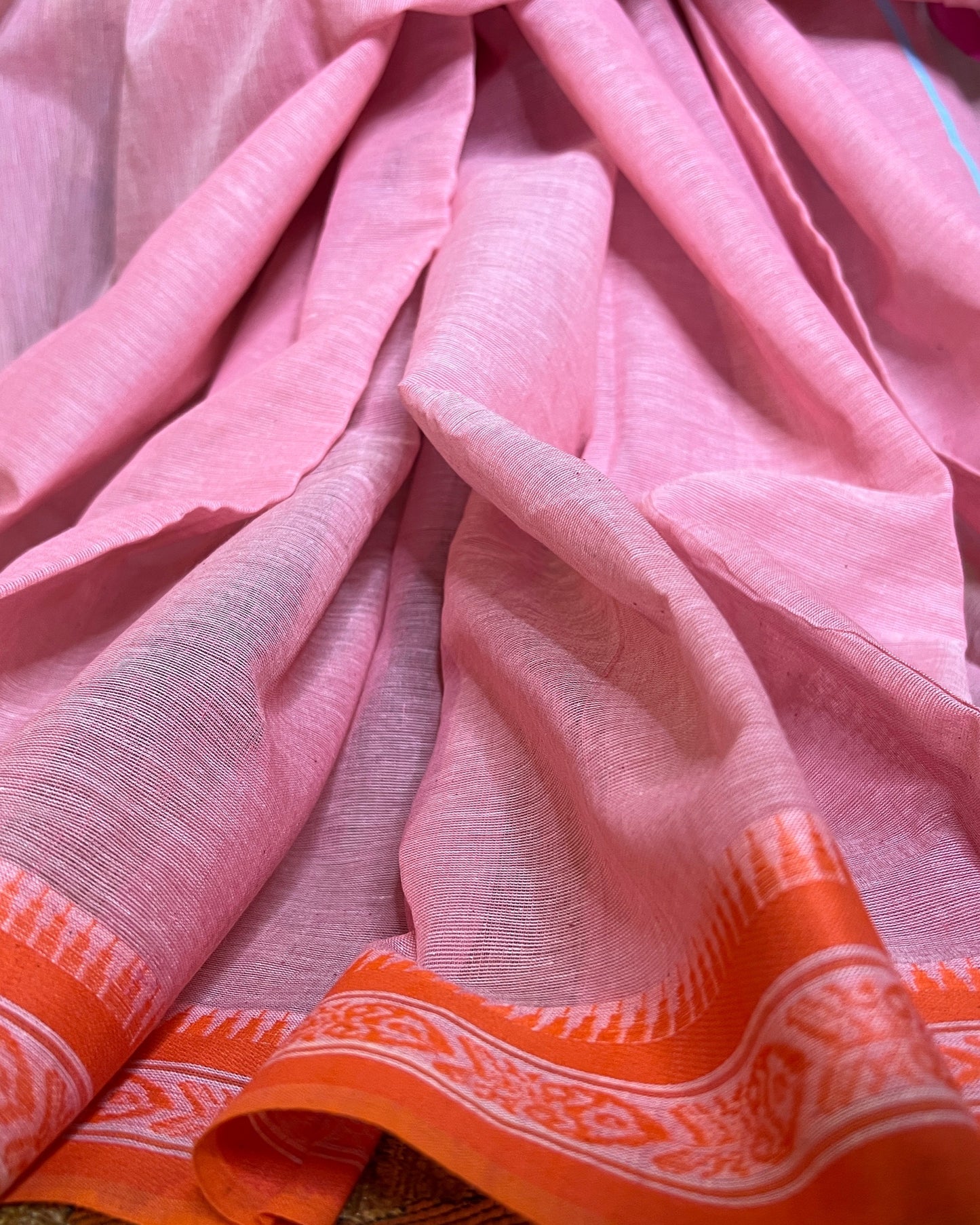 Soft and Comfortable Pink Cotton Saree with Orange and Pink Ganga Jamuna Begumpuri border and Dhaniakhali Aanchal
