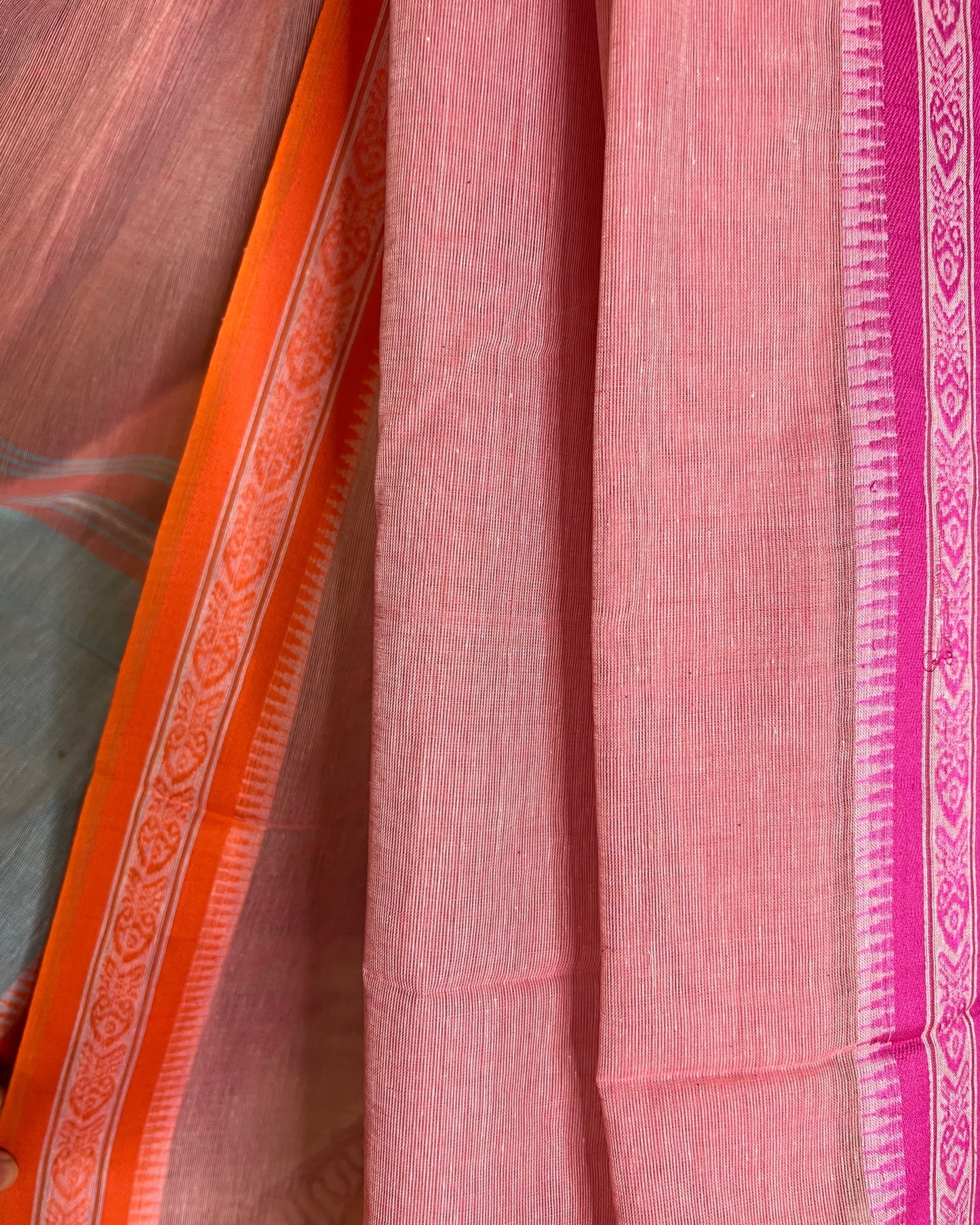 Soft and Comfortable Pink Cotton Saree with Orange and Pink Ganga Jamuna Begumpuri border and Dhaniakhali Aanchal