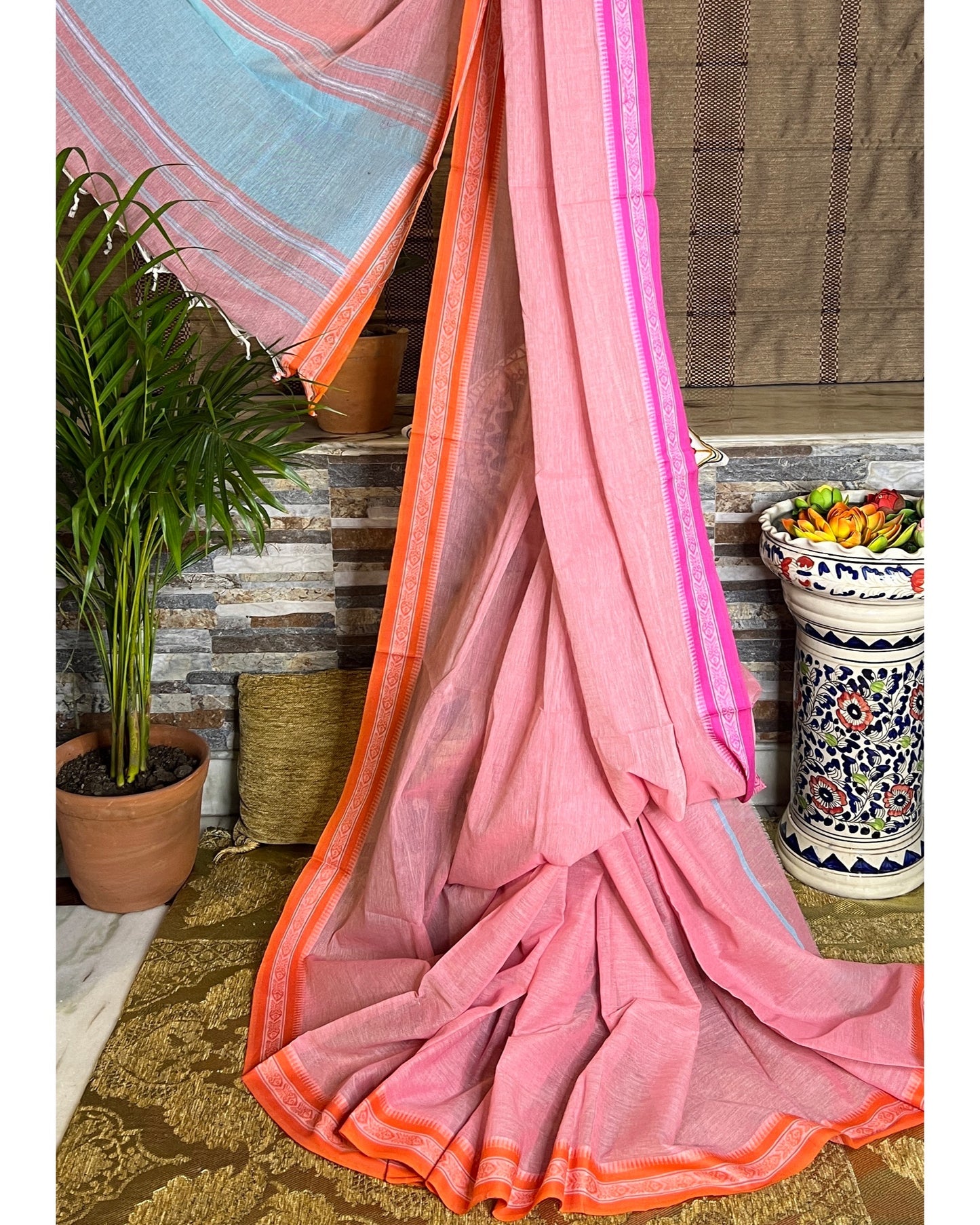 Soft and Comfortable Pink Cotton Saree with Orange and Pink Ganga Jamuna Begumpuri border and Dhaniakhali Aanchal