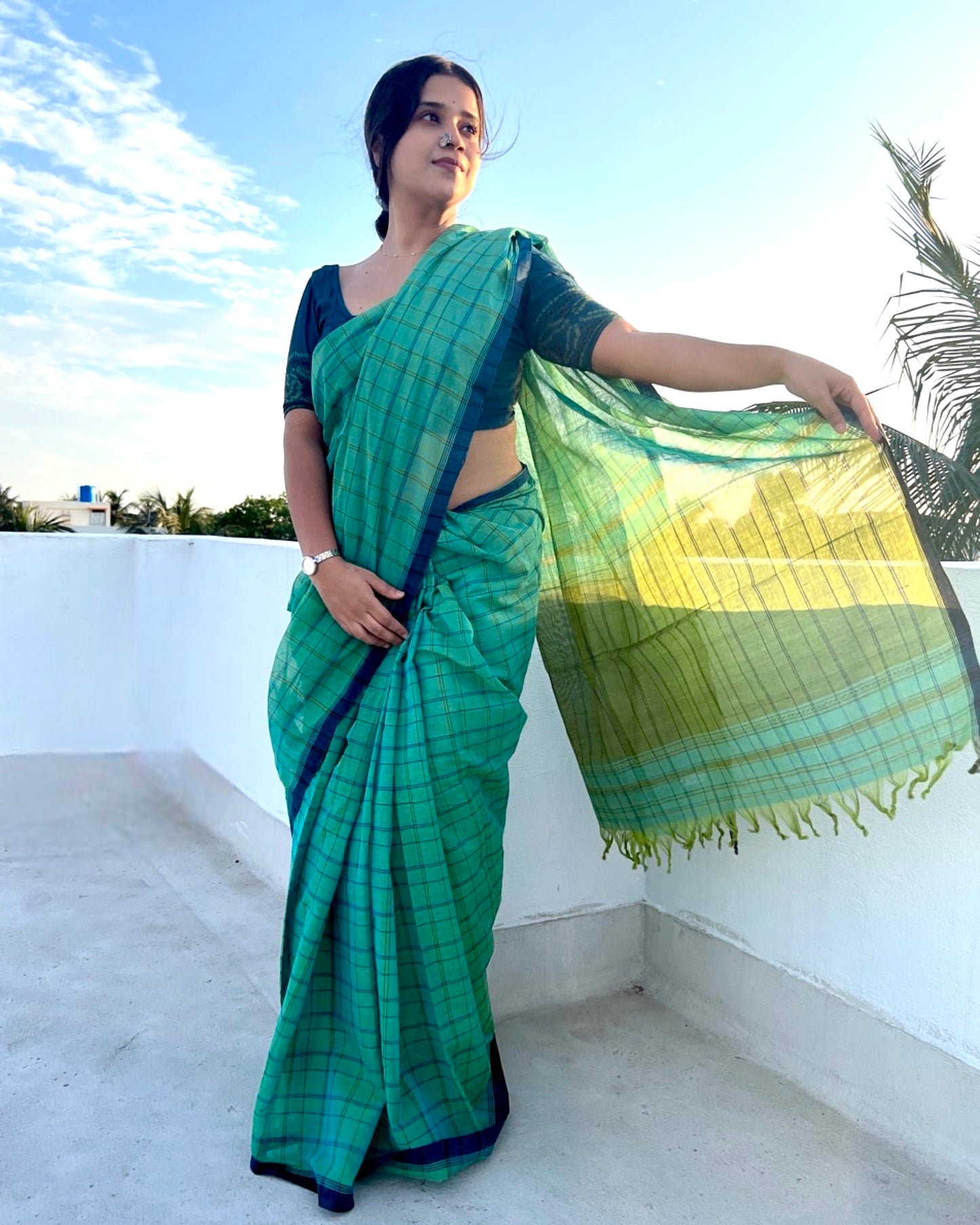 Soft and comfortable cotton handloom saree in Green and blue with Dhaniakhali Aanchal and checks