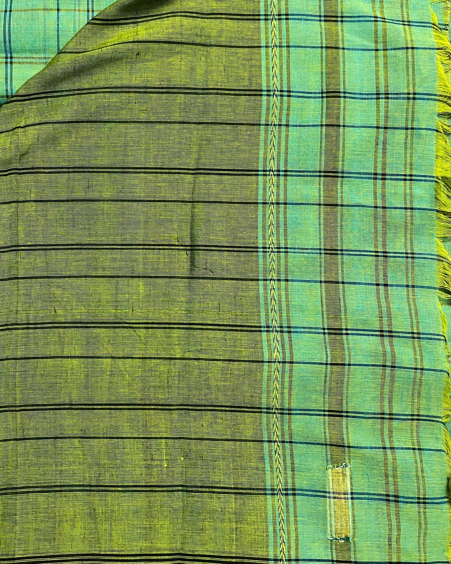 Soft and comfortable cotton handloom saree in Green and blue with Dhaniakhali Aanchal and checks