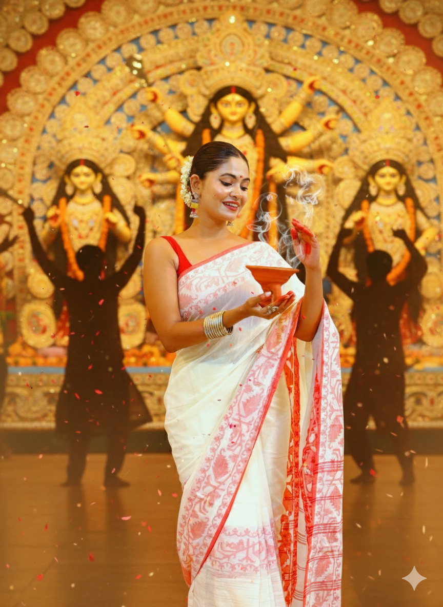 Laal Sada Durga Pujo Saree, Lal Paar Sada , Jamdani cotton saree, Red, White