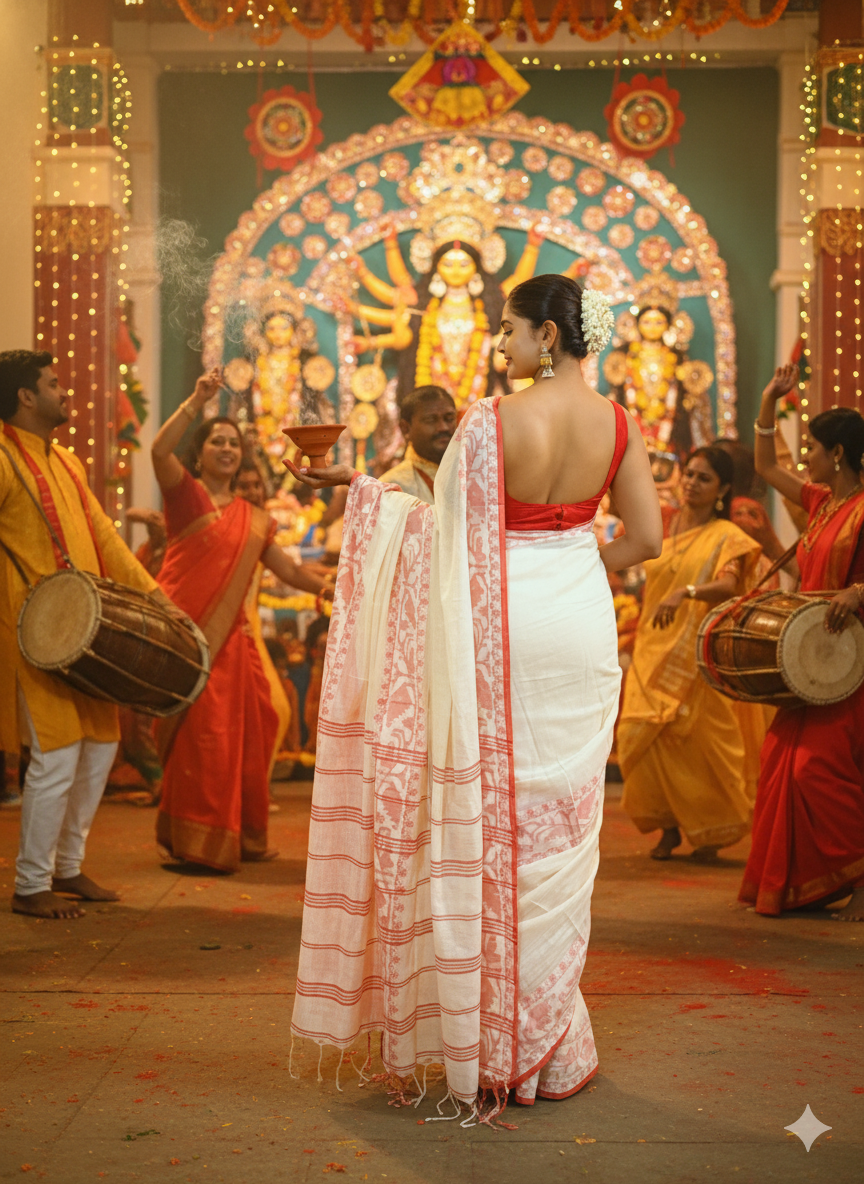 Laal Sada Durga Pujo Saree, Lal Paar Sada , Jamdani cotton saree, Red, White
