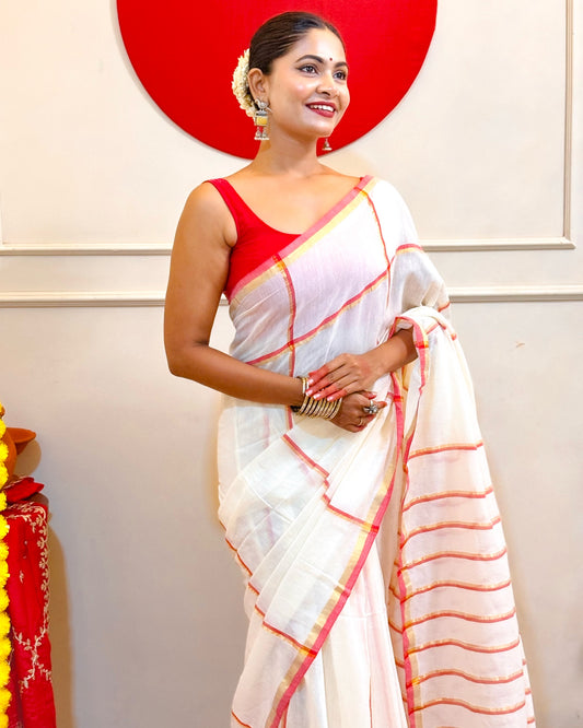 Laal Sada Durga Pujo Saree, Lal Paar Sada , Jamdani cotton saree, Red, White