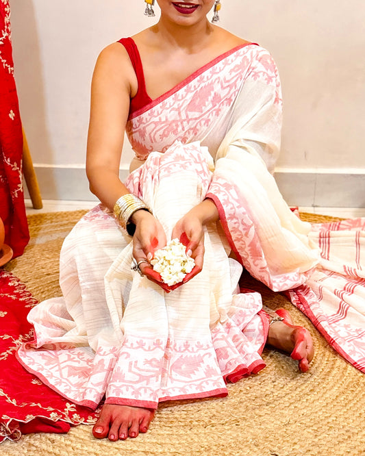 Laal Sada Durga Pujo Saree, Lal Paar Sada , Jamdani cotton saree, Red, White