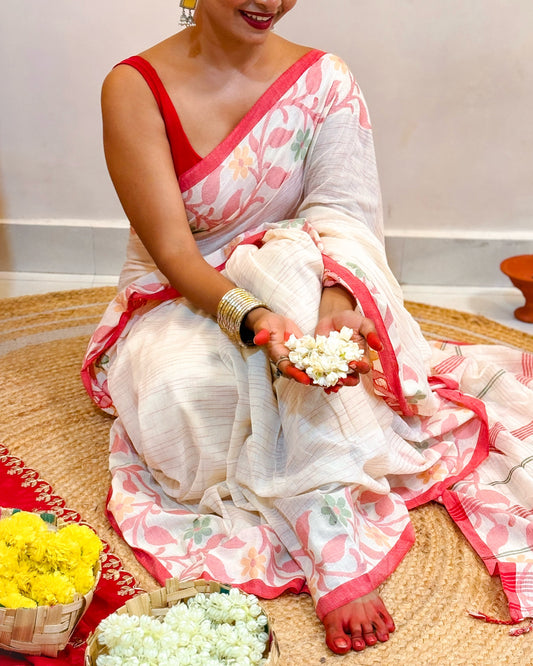 Laal Sada Durga Pujo Saree, Lal Paar Sada , Jamdani cotton saree, Red, White