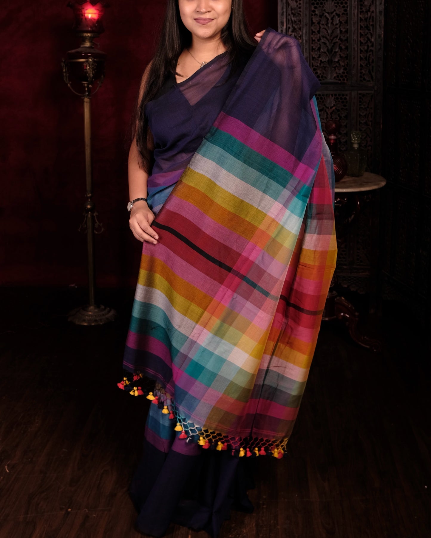 Blue and multicolored Mercerised cotton designer saree for summer festivities