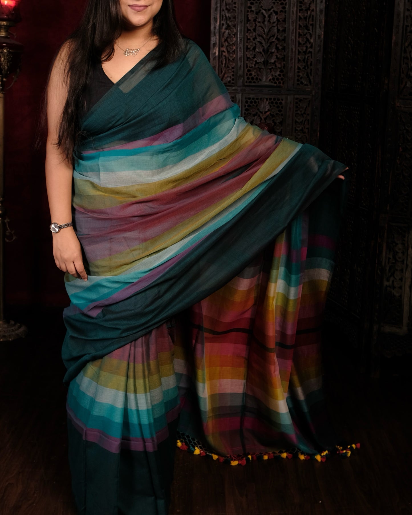 Green and multicolored Mercerised cotton designer saree for summer festivities