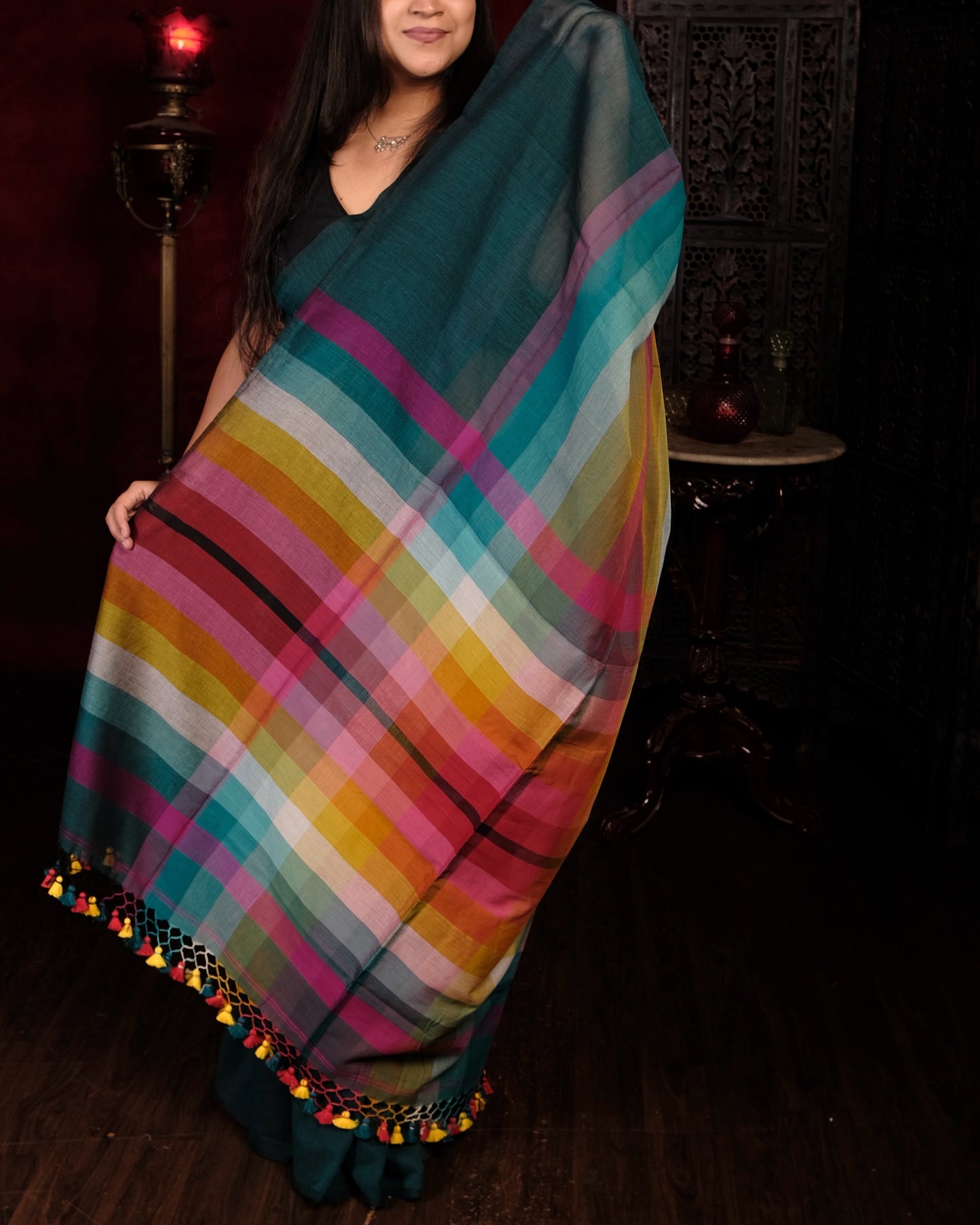 Green and multicolored Mercerised cotton designer saree for summer festivities