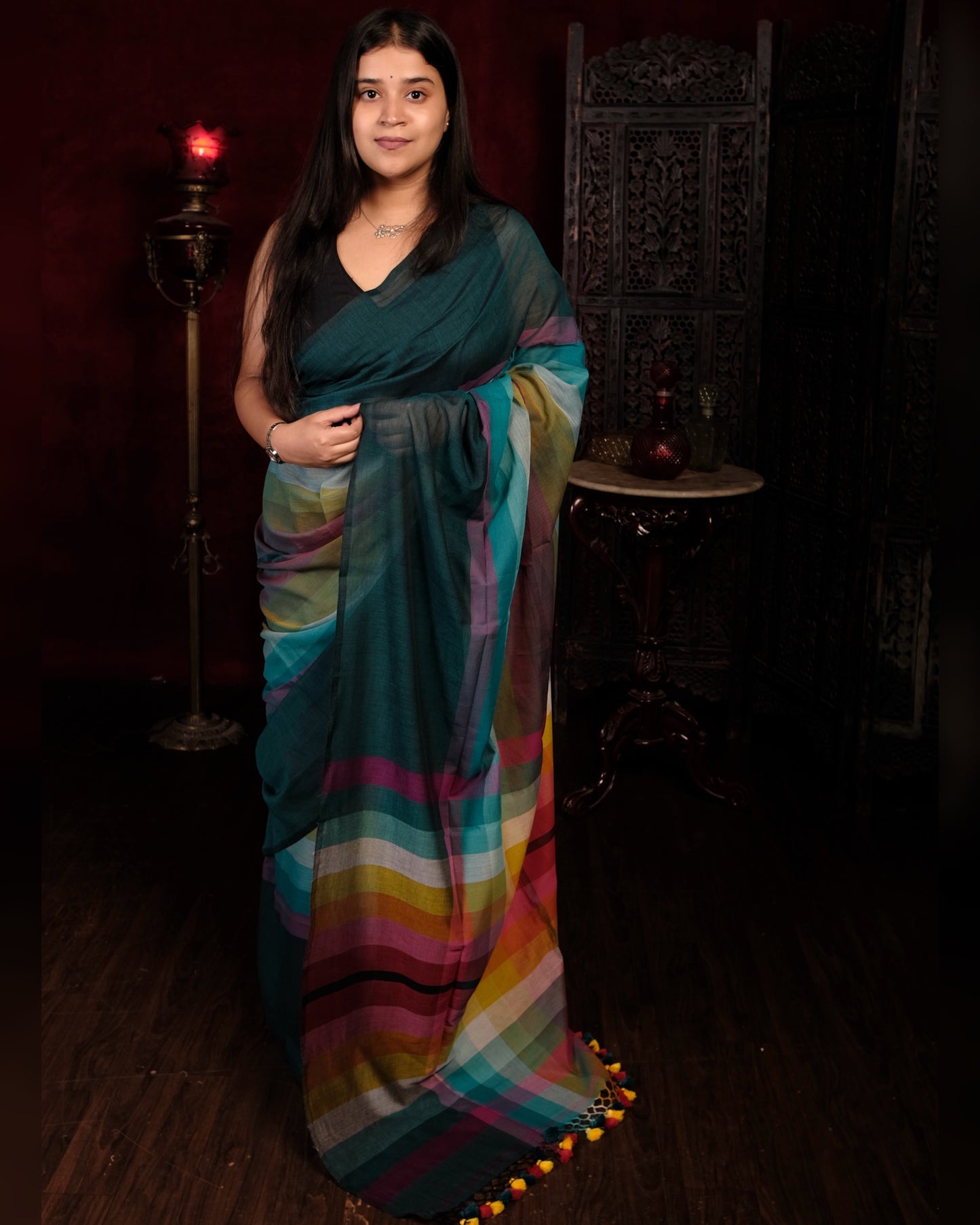 Green and multicolored Mercerised cotton designer saree for summer festivities