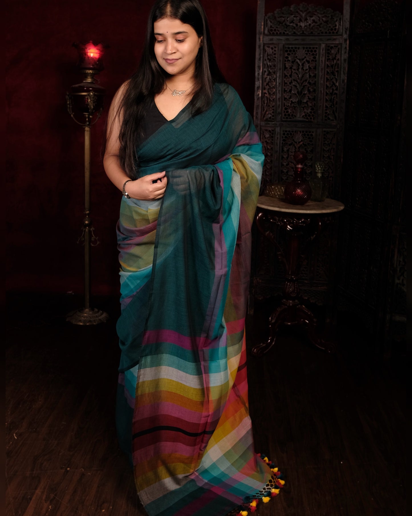 Green and multicolored Mercerised cotton designer saree for summer festivities