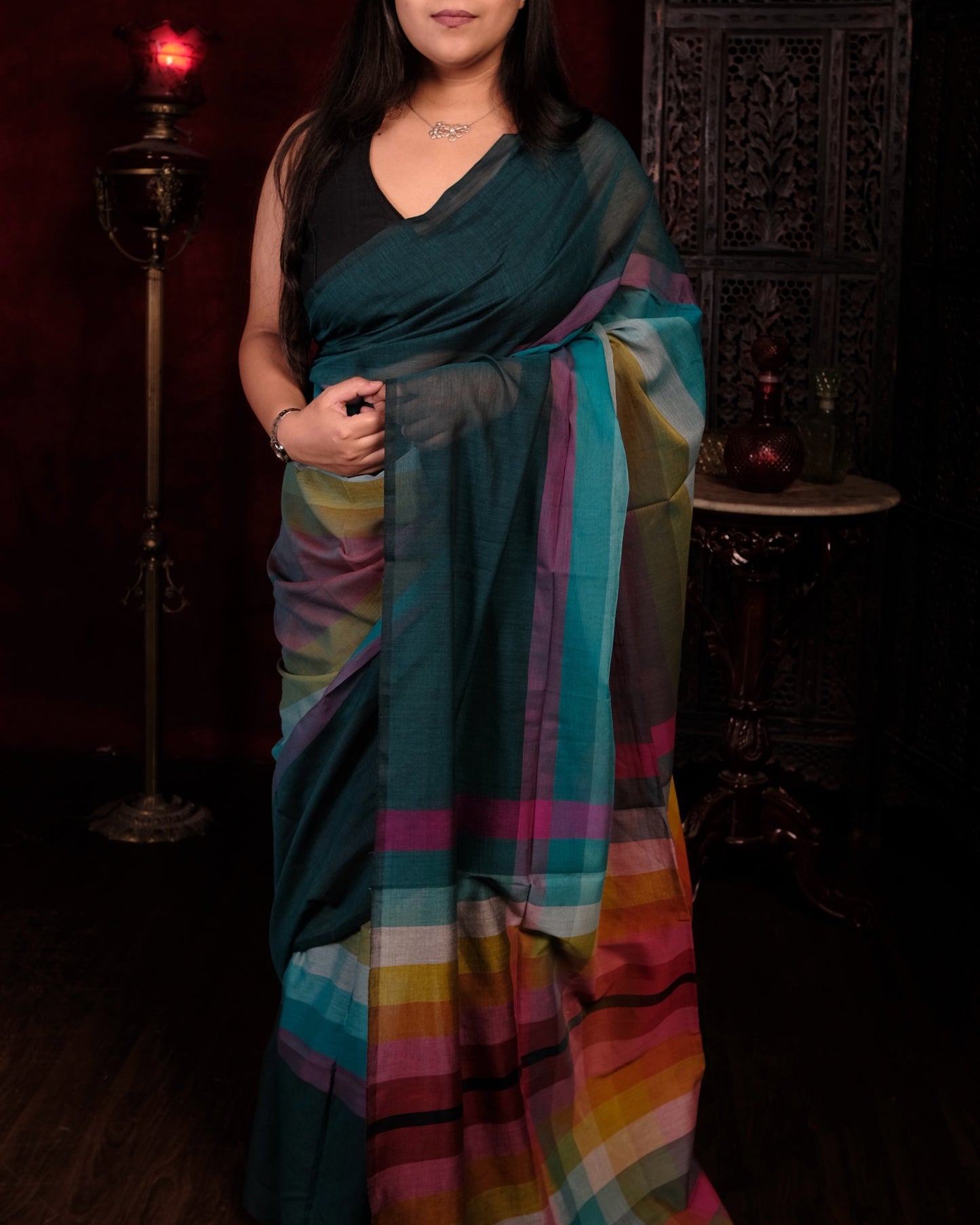 Green and multicolored Mercerised cotton designer saree for summer festivities