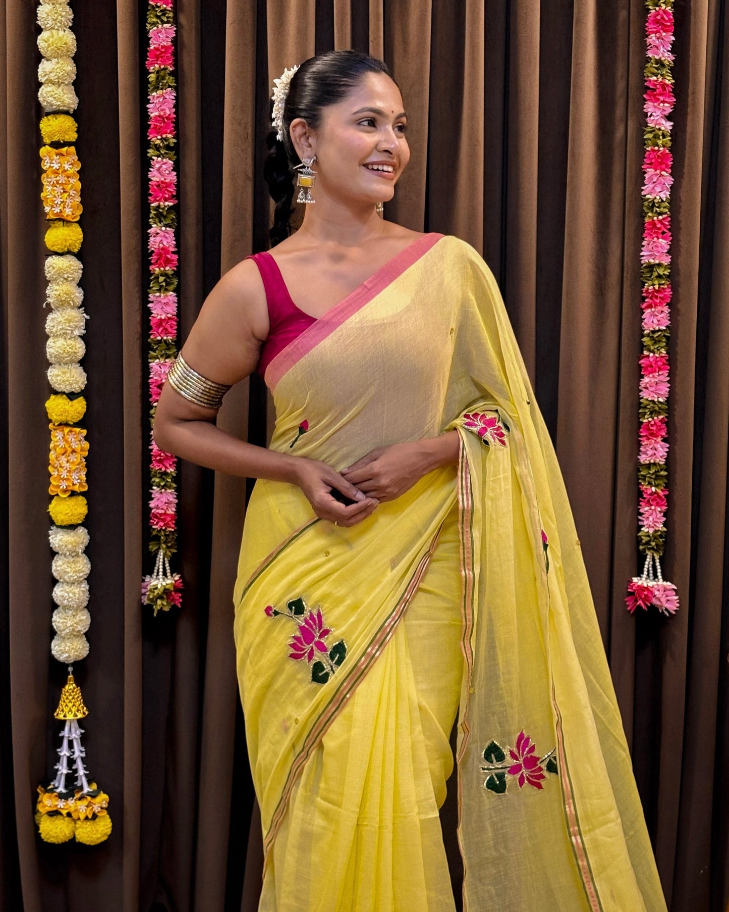Soft and comfortable embroidered mulmul cotton saree in yellow for day festivities or casual outing