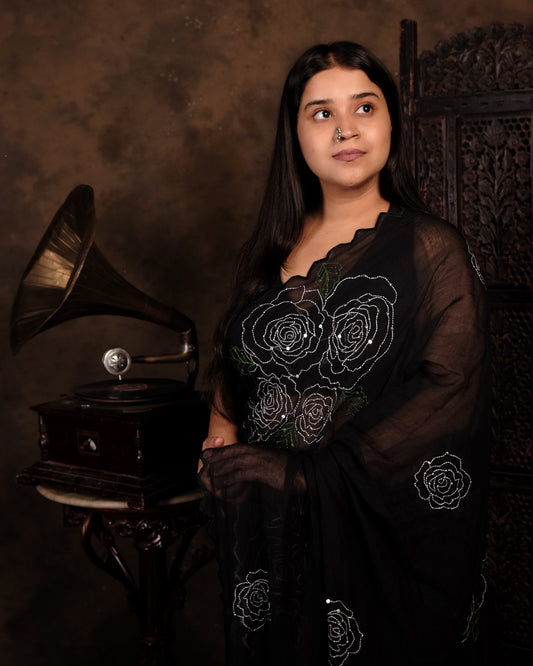 Soft and comfortable light weight black mulmul cotton saree with rose embroidery sequins embellished good for day time wear festive party wear