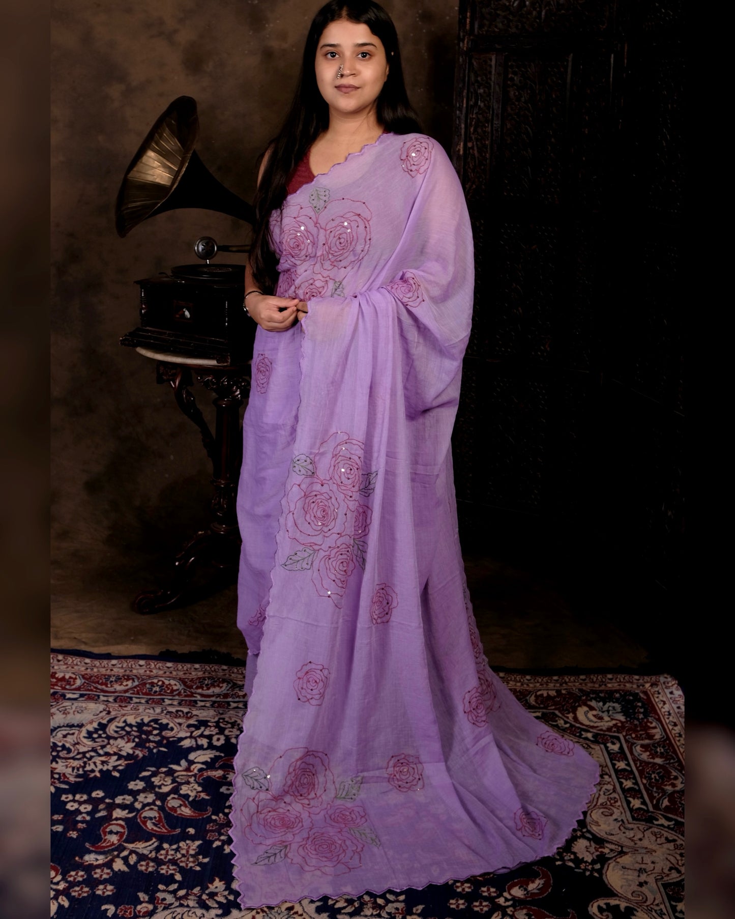 Soft and comfortable light weight violet mulmul cotton saree with rose embroidery sequins embellished good for day time wear festive party wear