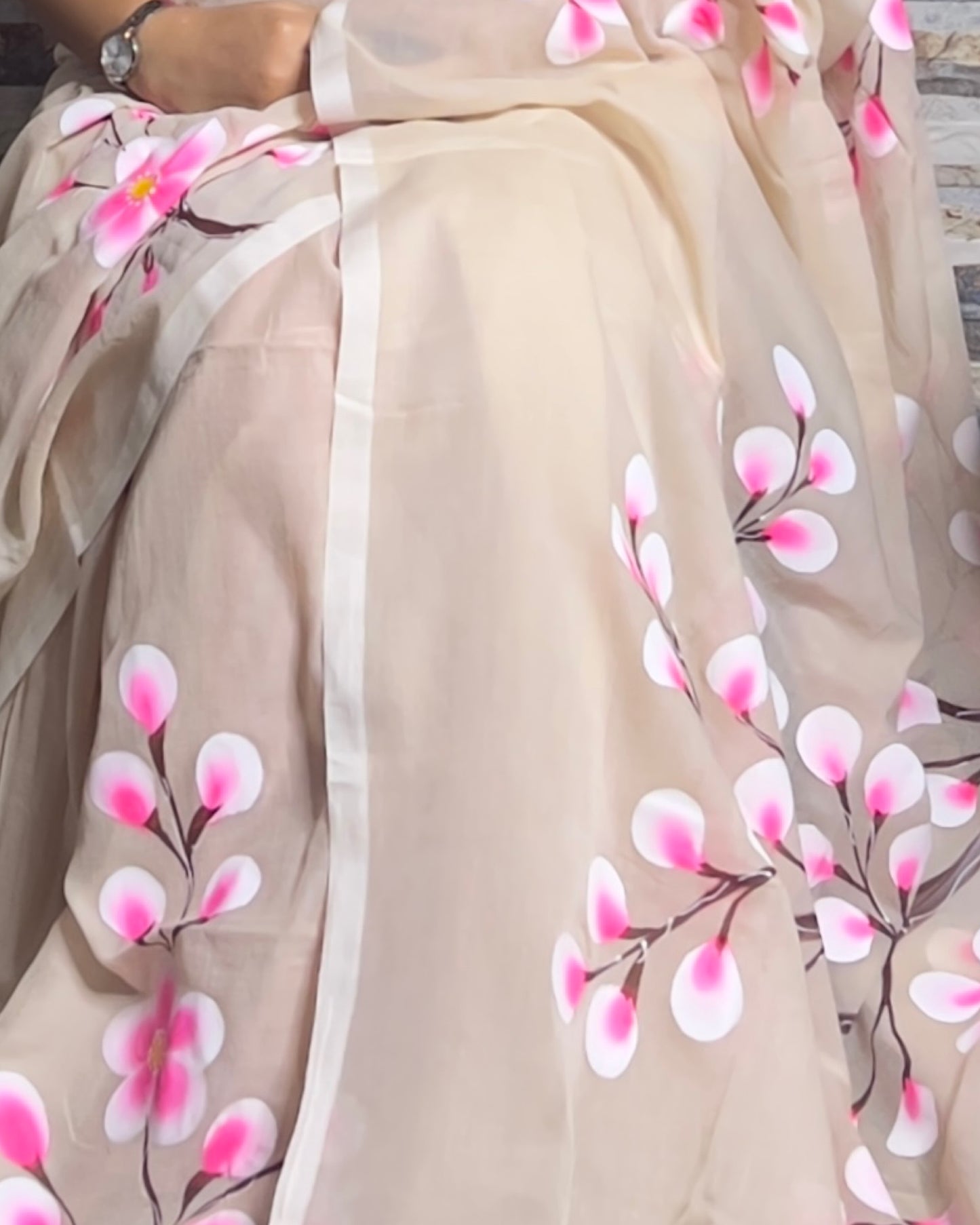 Soft and comfortable light weight white taupe mulmul cotton saree with floral hand painting good for day time wear