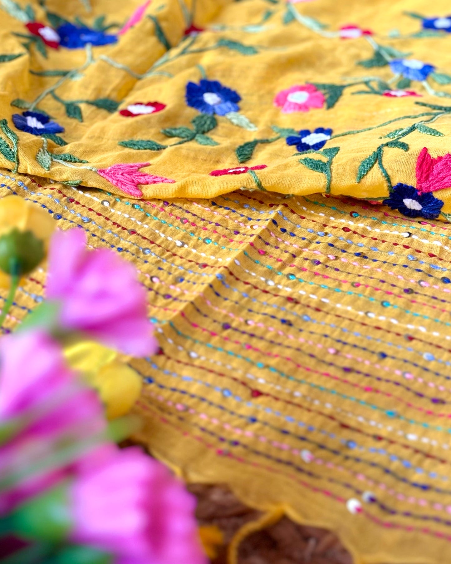 Sunny Marigold Muse | Yellow embroidered mulmul saree
