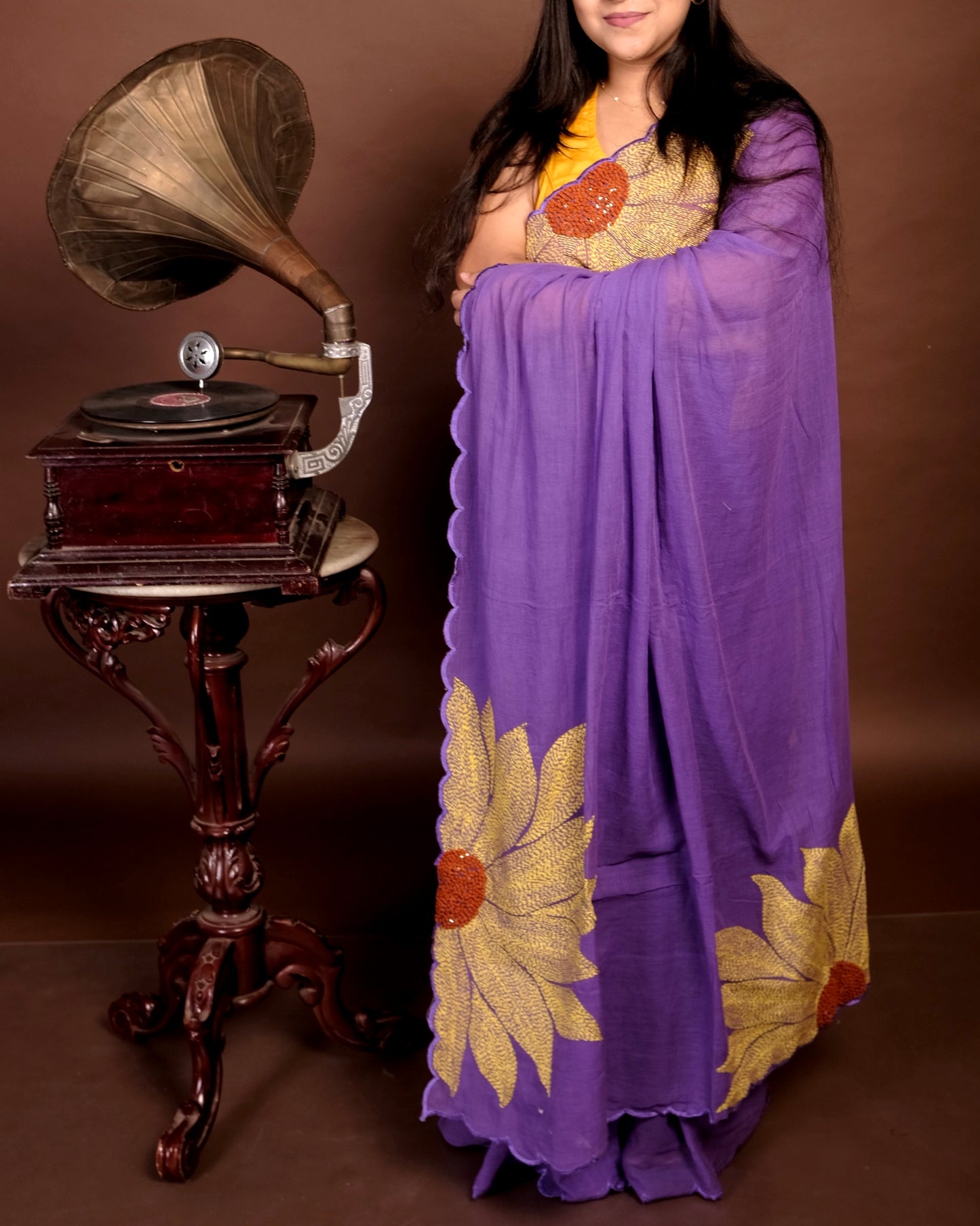 Soft and comfortable light weight violet / purple mulmul cotton saree with sunflower embroidery sequins embellished good for day time wear festive party wear