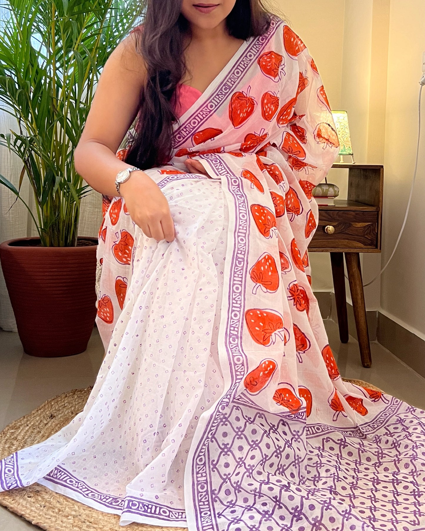 Soft & Comfortable white mulmul saree with handblock print in orange puple strawberry pattern