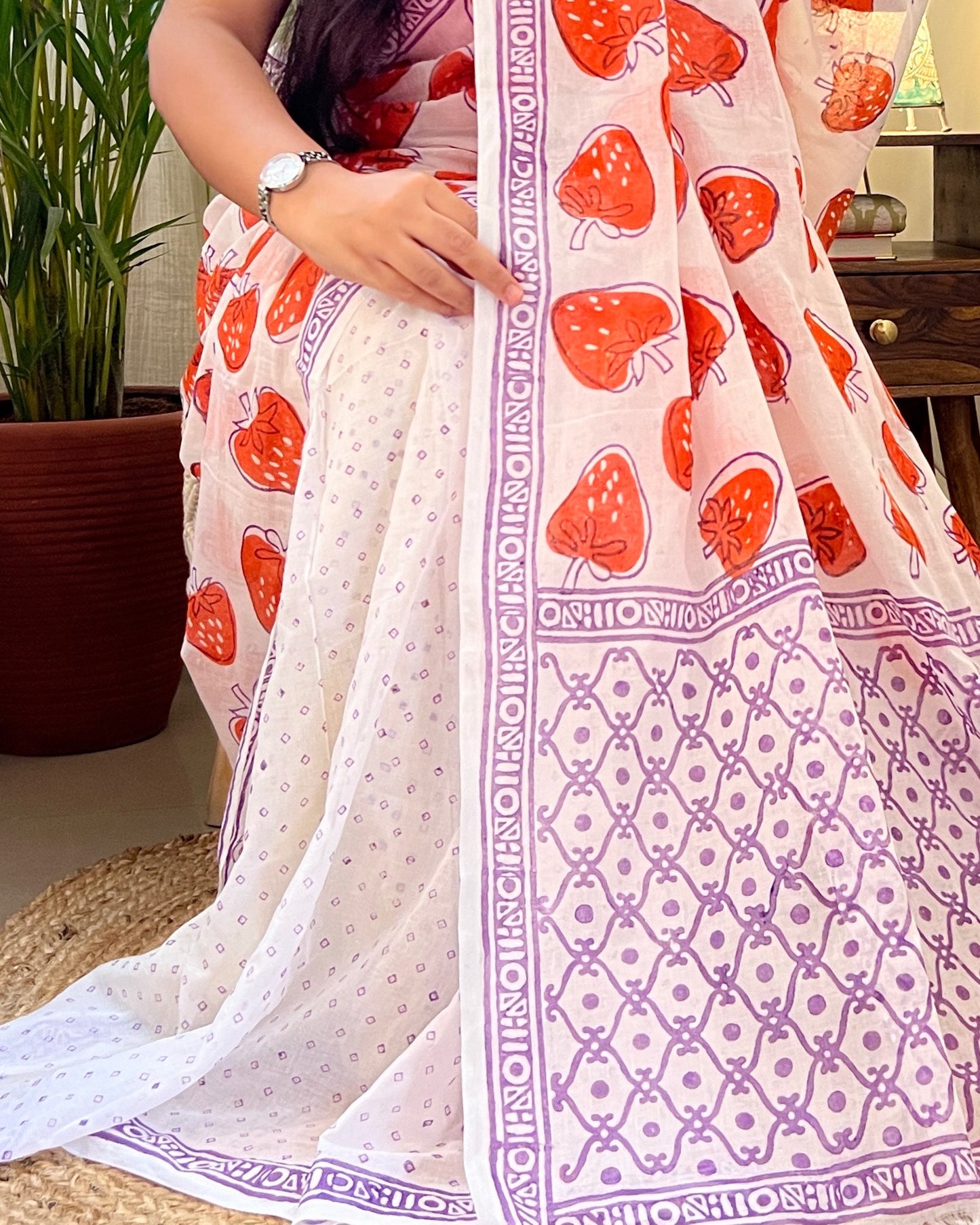 Soft & Comfortable white mulmul saree with handblock print in orange puple strawberry pattern