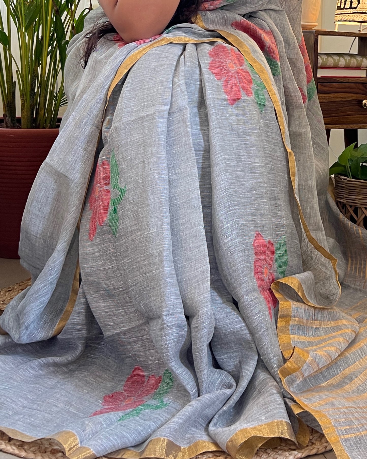 Linen cotton grey saree for festivities with zari