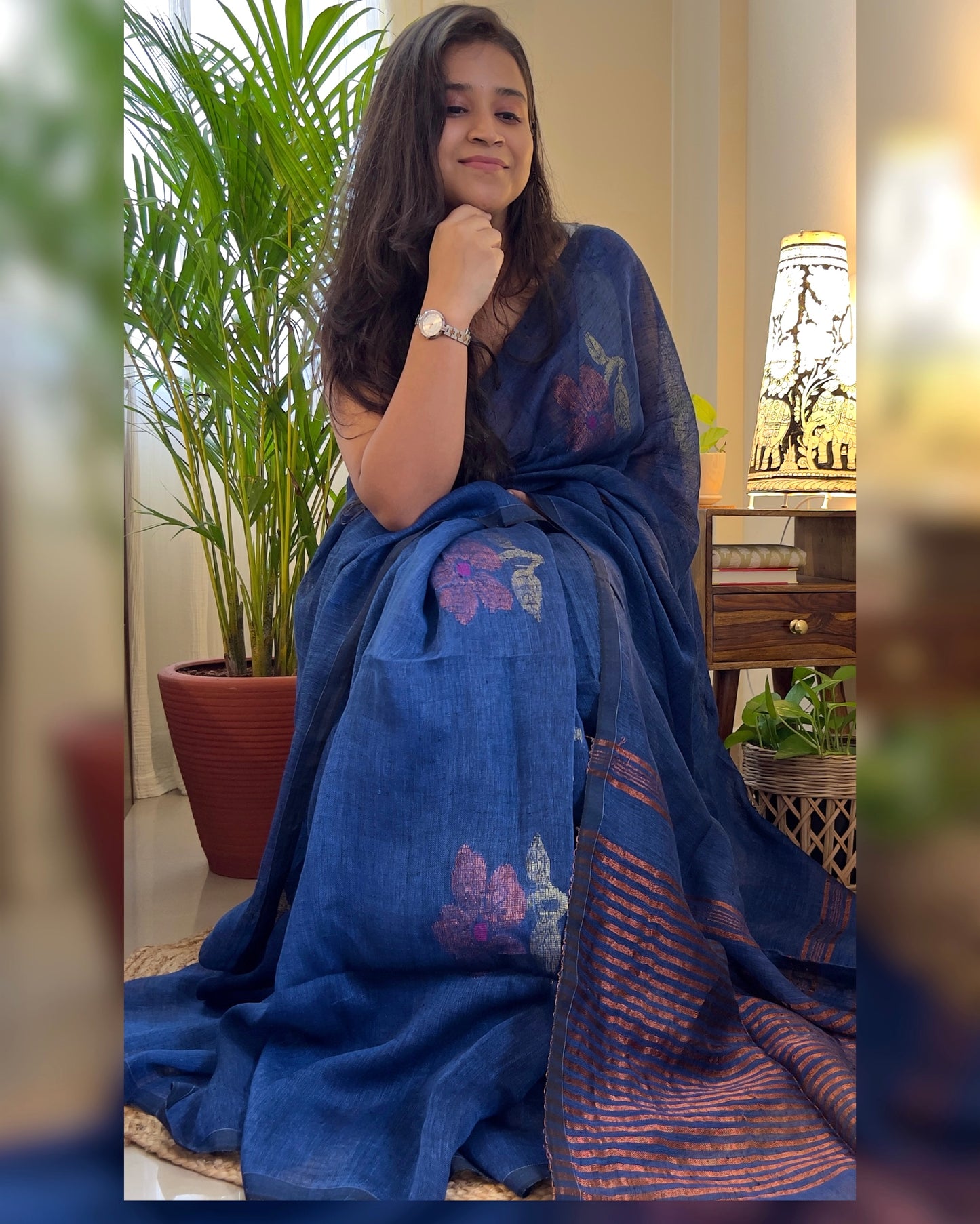 Linen cotton cobalt blue saree for festivities with zari