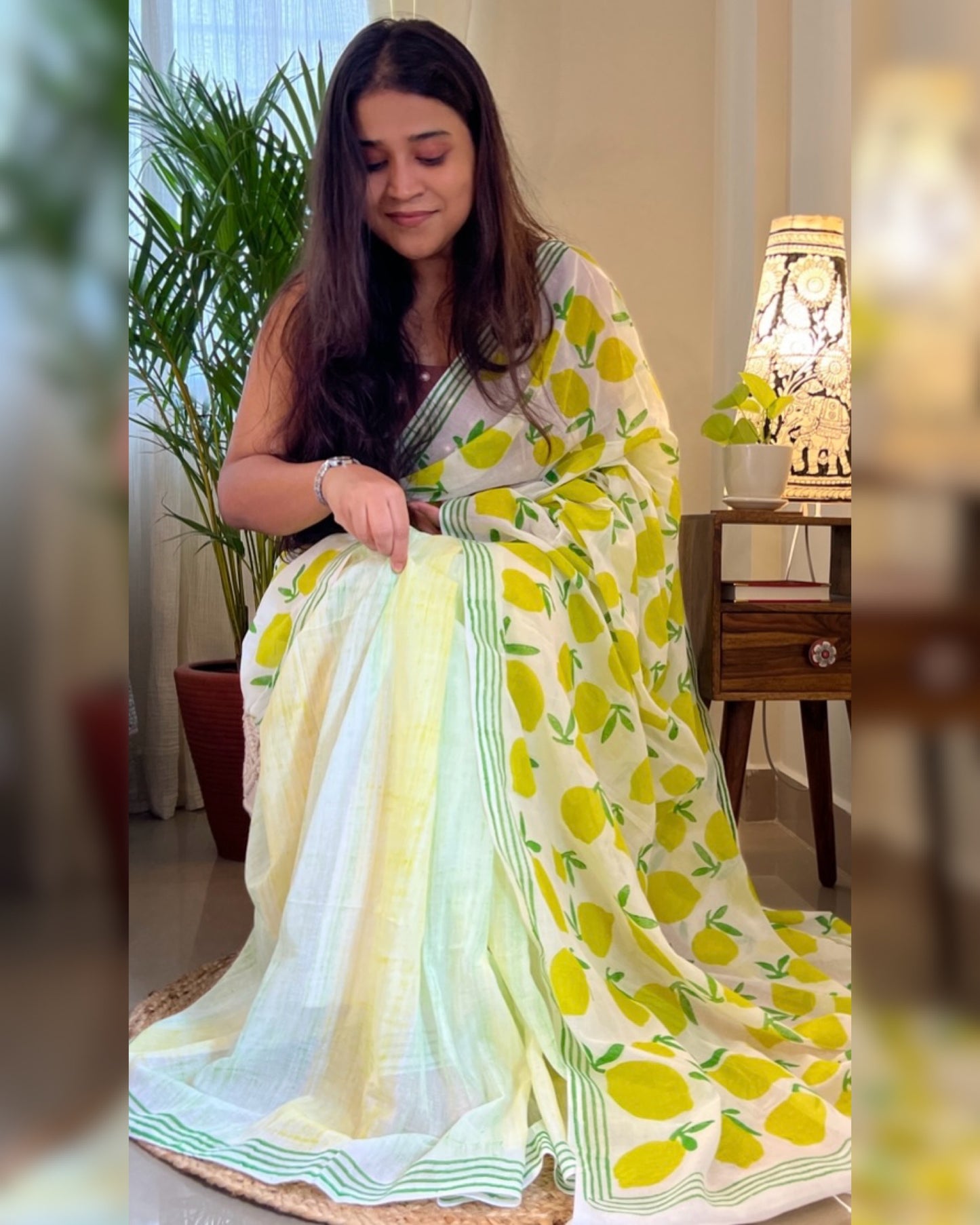 Soft & Comfortable white mulmul saree with handblock print in green and yellow mango aam pattern