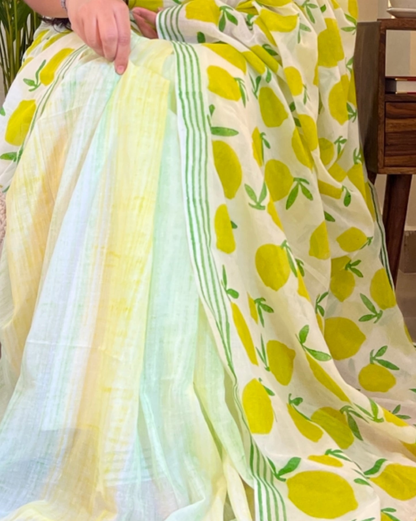 Soft & Comfortable white mulmul saree with handblock print in green and yellow mango aam pattern