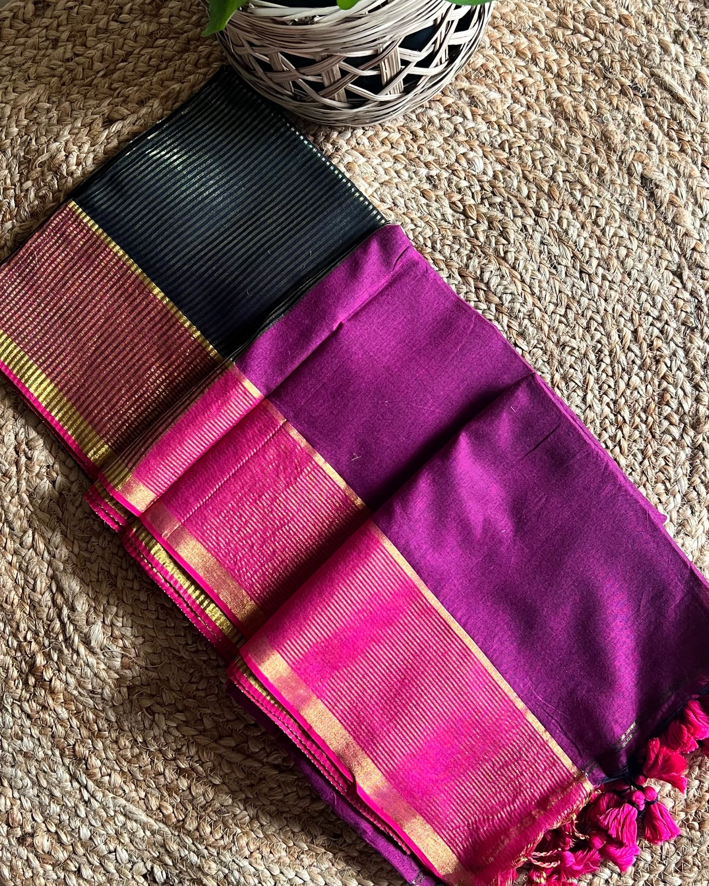 Zari tested handloom cotton festive saree in black pink and golden