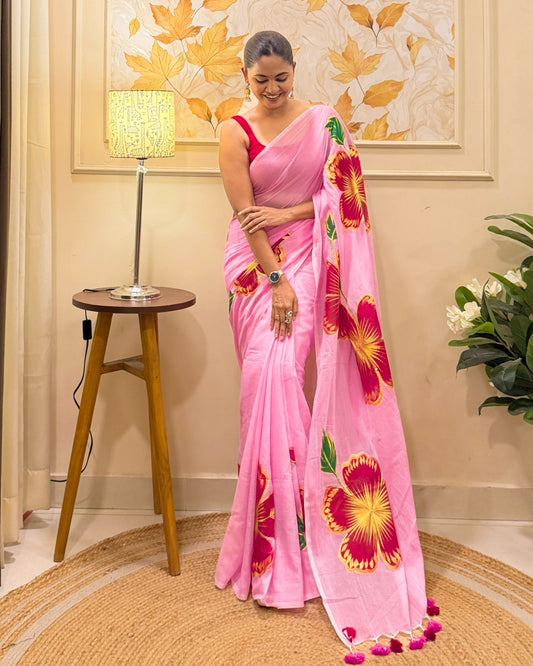 Blush Bloom (Handpainted Pink Mulmul Saree)