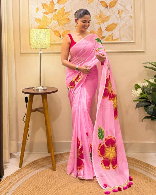 Blush Bloom (Handpainted Pink Mulmul Saree)