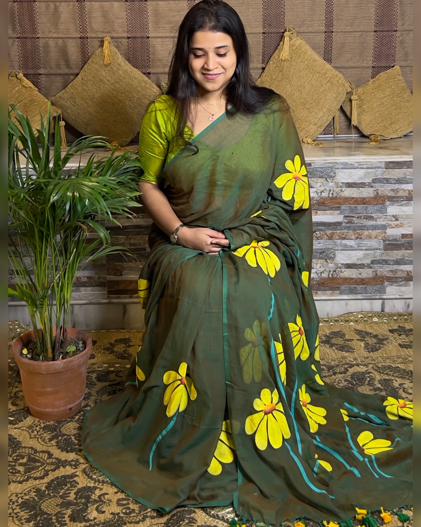 Soft and comfortable light weight dual tone emerald green mulmul cotton saree with floral hand painting good for day time wear