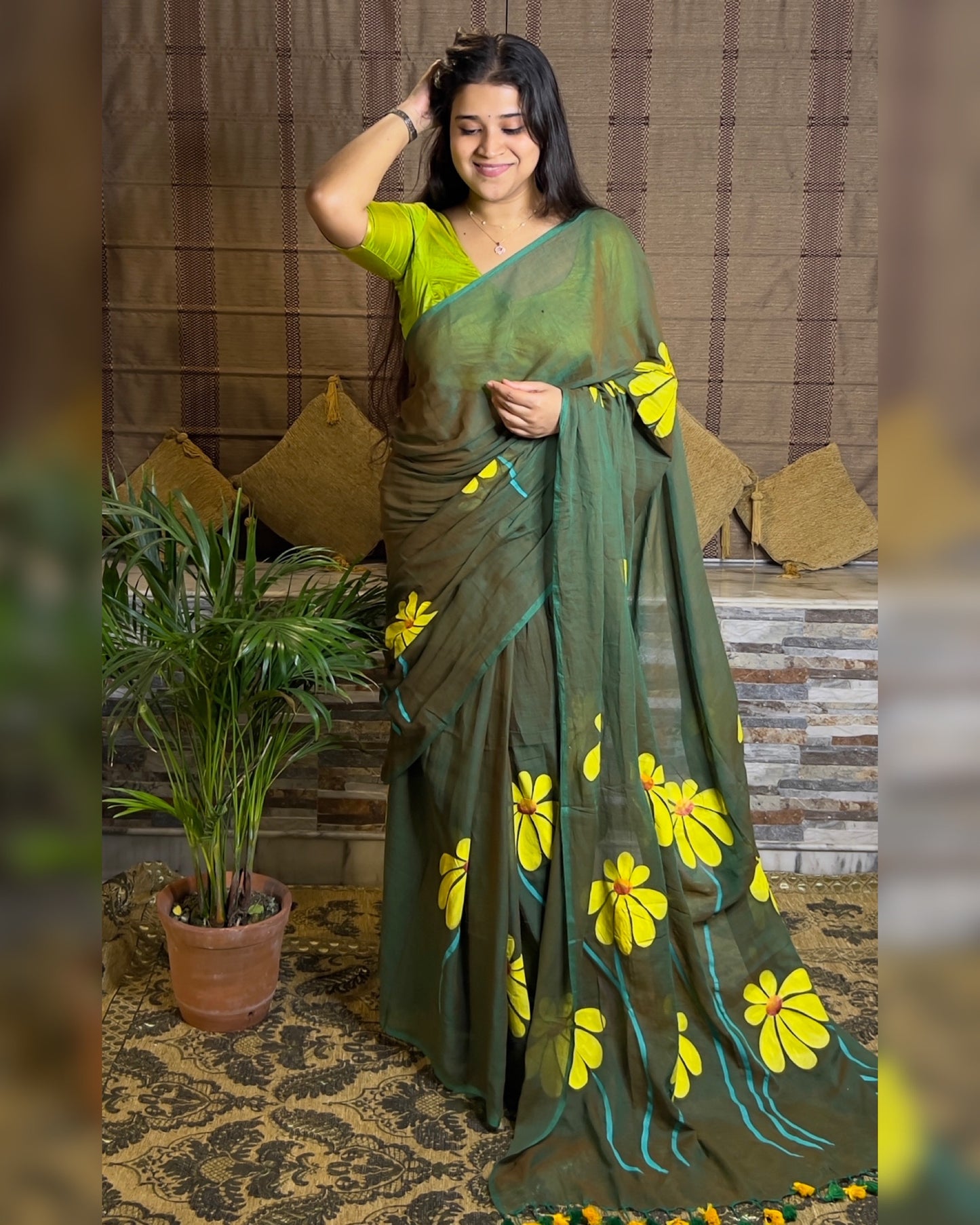 Soft and comfortable light weight dual tone emerald green mulmul cotton saree with floral hand painting good for day time wear